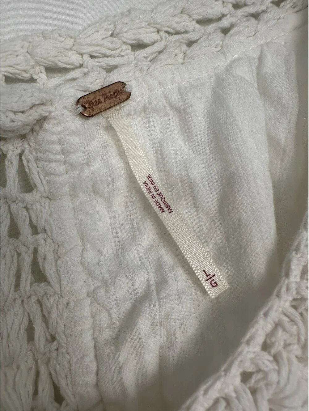 Free People White Solid Crochet Long Sleeve Open Front Tie Tassel Top Size L